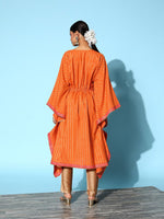 Thumbnail for Ahalyaa Women Orange & Gold-Toned Striped Flared Sleeves Gotta Patti Crepe Kaftan Kurta - Distacart