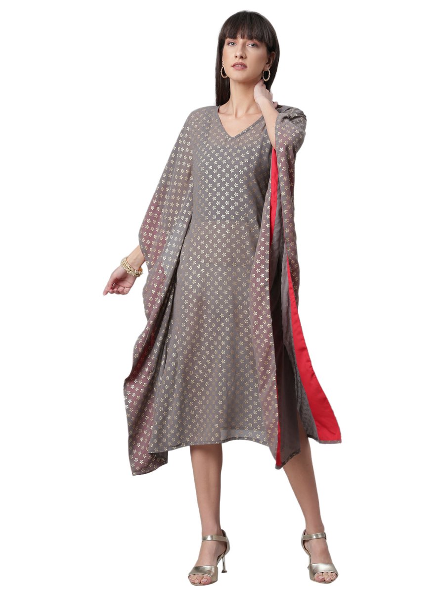 Ahalyaa Women Grey & Golden Ethnic Motifs Printed Flared Sleeves Beautiful Kaftan Kurta