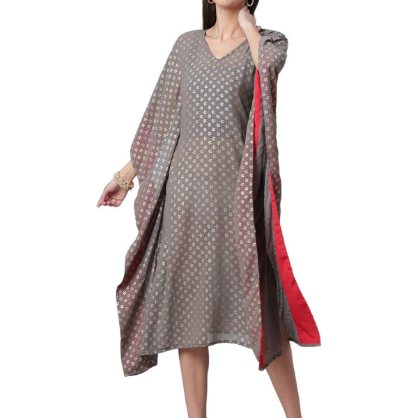 Ahalyaa Women Grey & Golden Ethnic Motifs Printed Flared Sleeves Beautiful Kaftan Kurta
