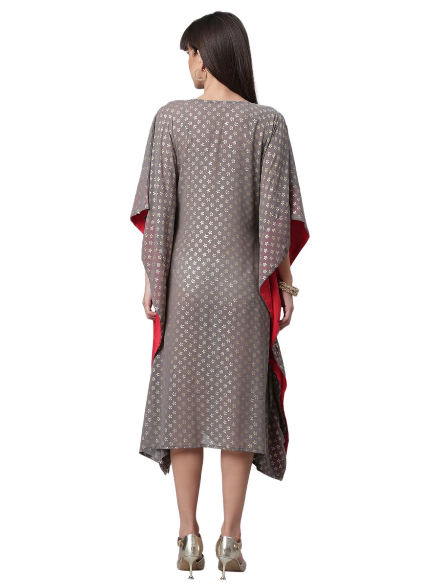 Ahalyaa Women Grey & Golden Ethnic Motifs Printed Flared Sleeves Beautiful Kaftan Kurta