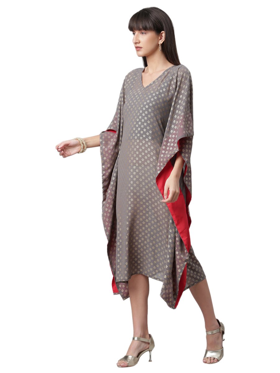 Ahalyaa Women Grey & Golden Ethnic Motifs Printed Flared Sleeves Beautiful Kaftan Kurta