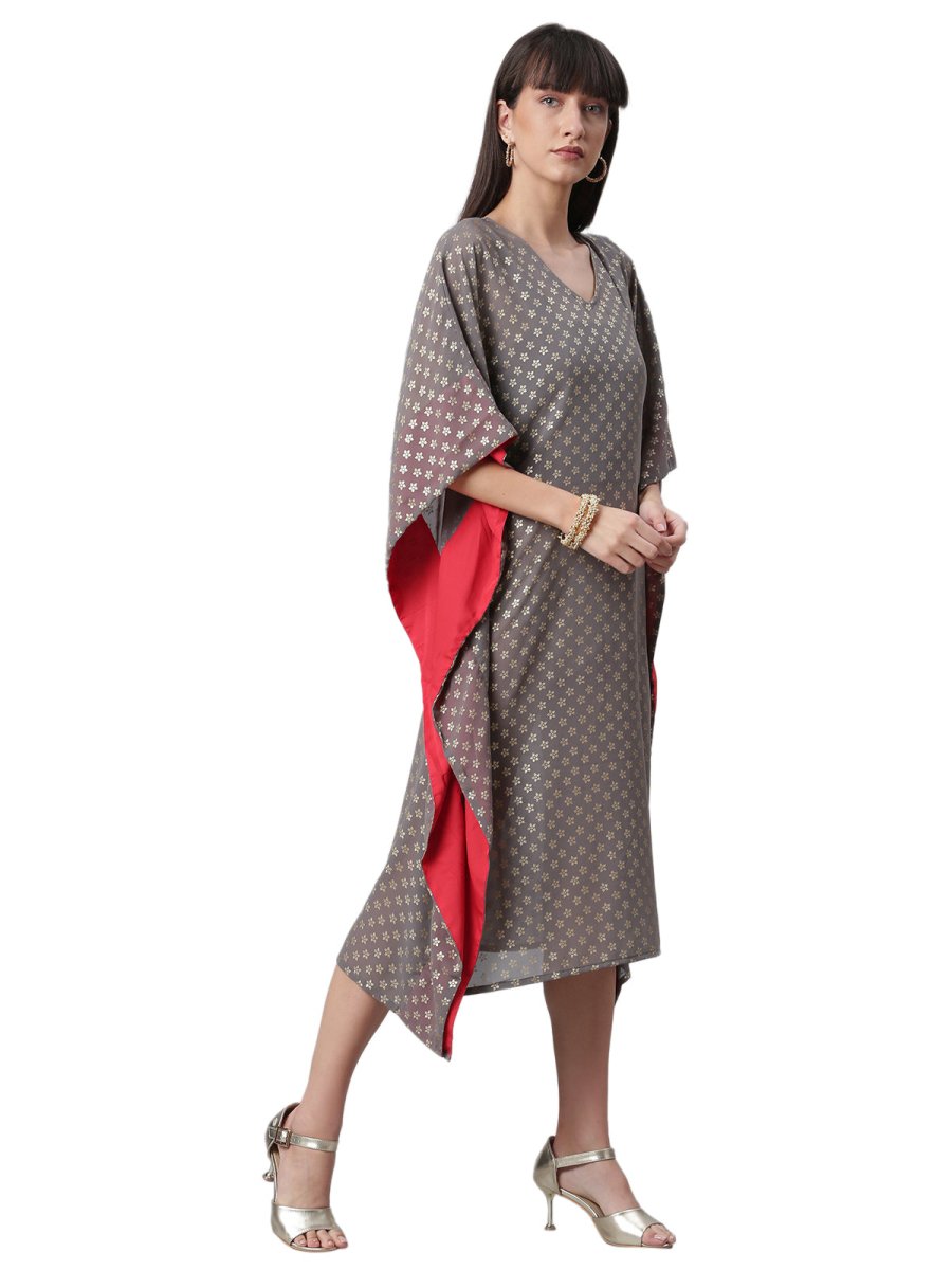 Ahalyaa Women Grey & Golden Ethnic Motifs Printed Flared Sleeves Beautiful Kaftan Kurta