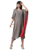 Thumbnail for Ahalyaa Women Grey & Golden Ethnic Motifs Printed Flared Sleeves Beautiful Kaftan Kurta