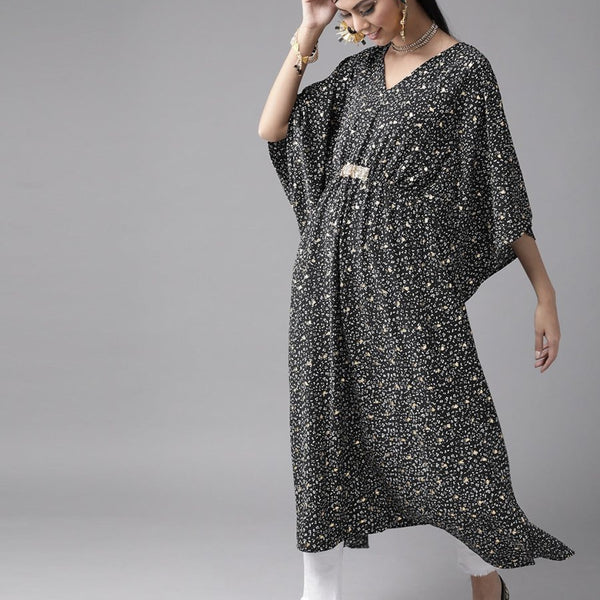 Ahalyaa Women Black & White Printed Flared Sleeves Kaftan Kurta - Distacart