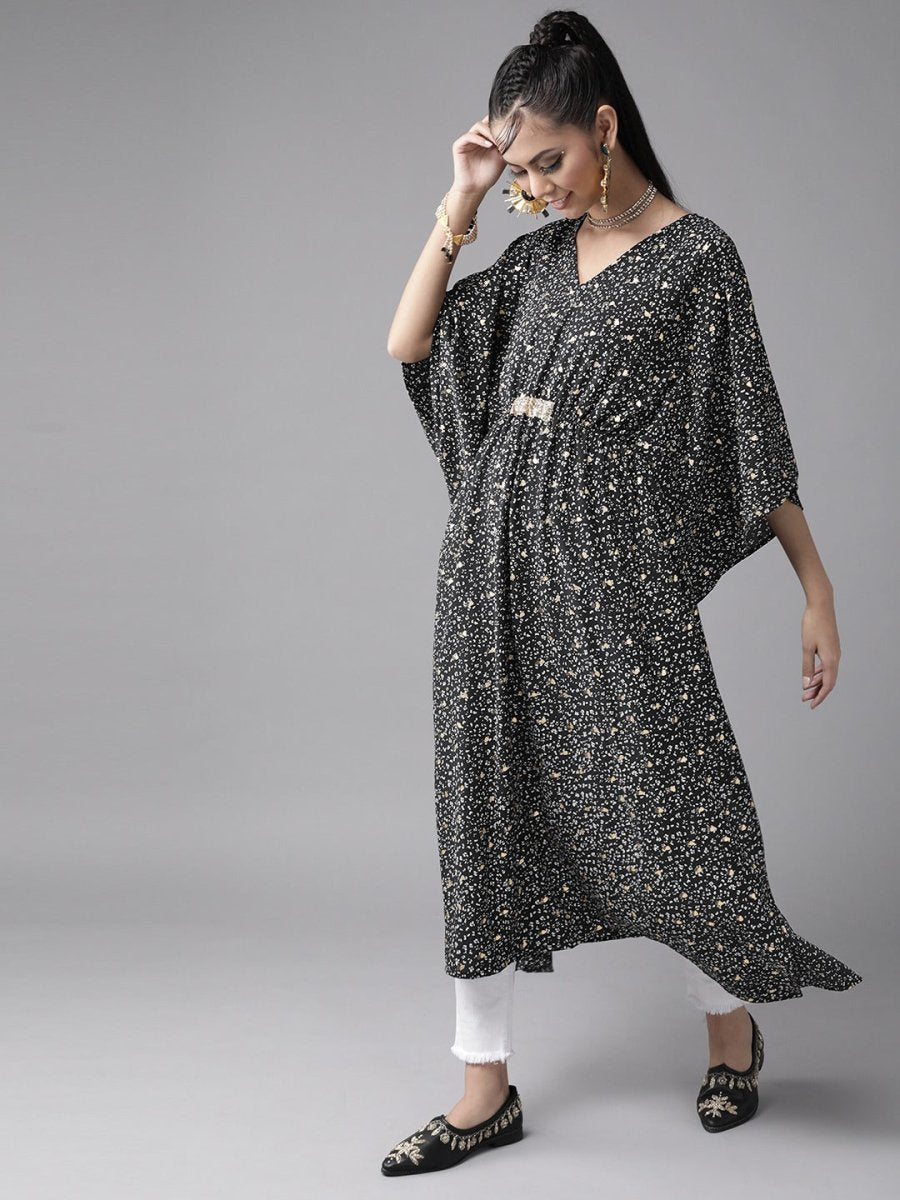 Ahalyaa Women Black & White Printed Flared Sleeves Kaftan Kurta - Distacart