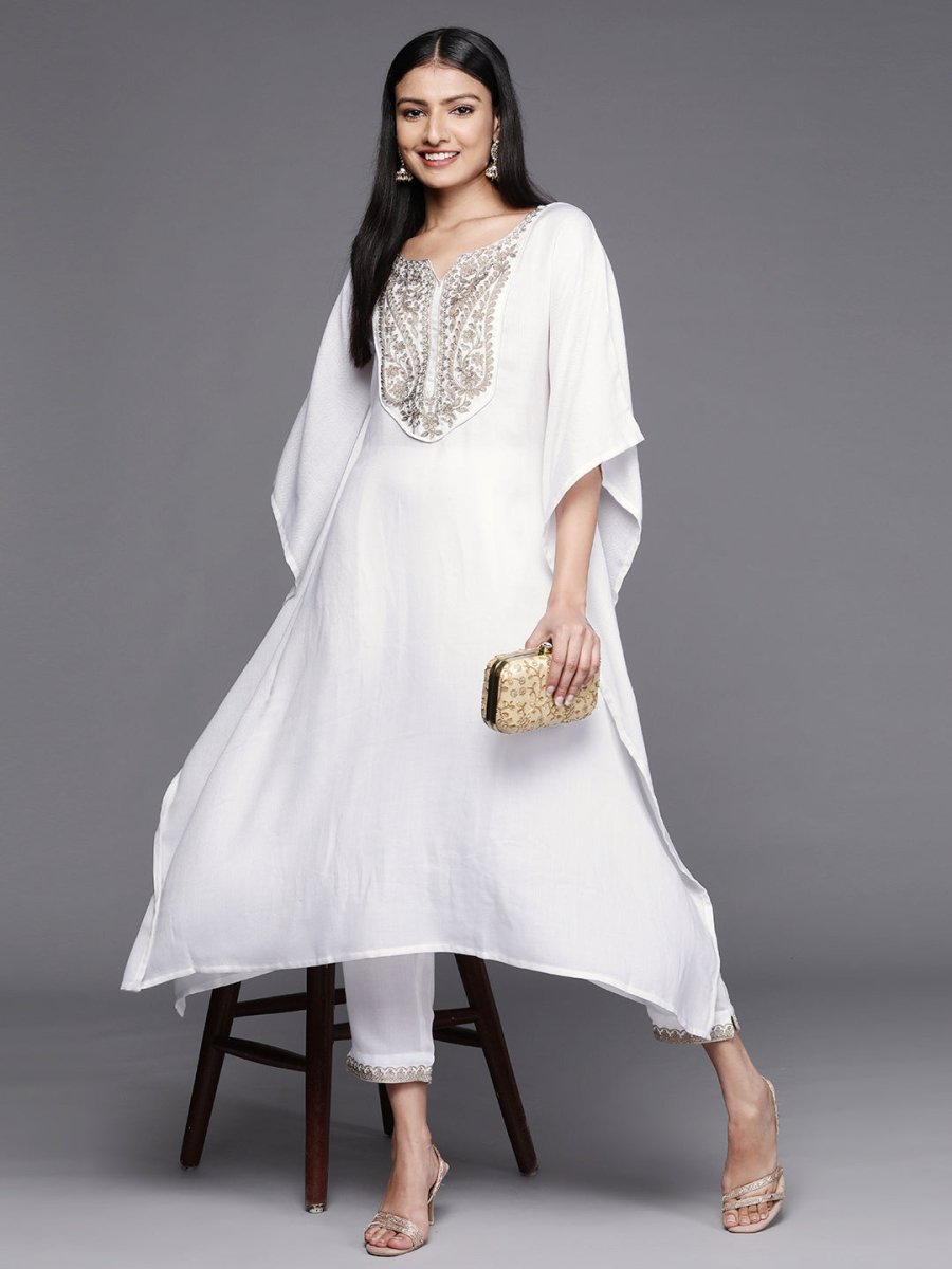 Ahalyaa Women White Yoke Design Aari Work Pashmina Kurta with Trousers - Distacart