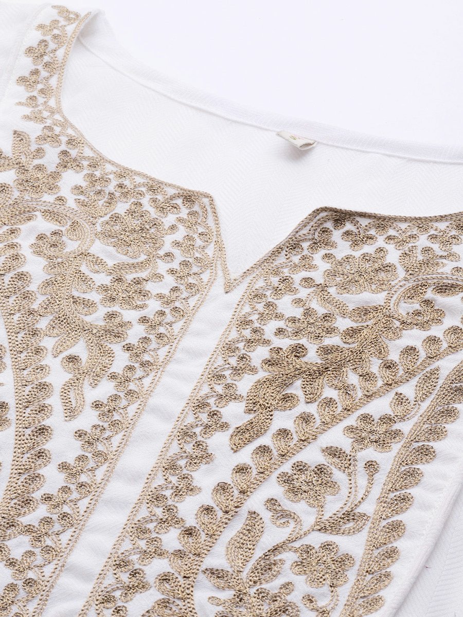 Ahalyaa Women White Yoke Design Aari Work Pashmina Kurta with Trousers - Distacart