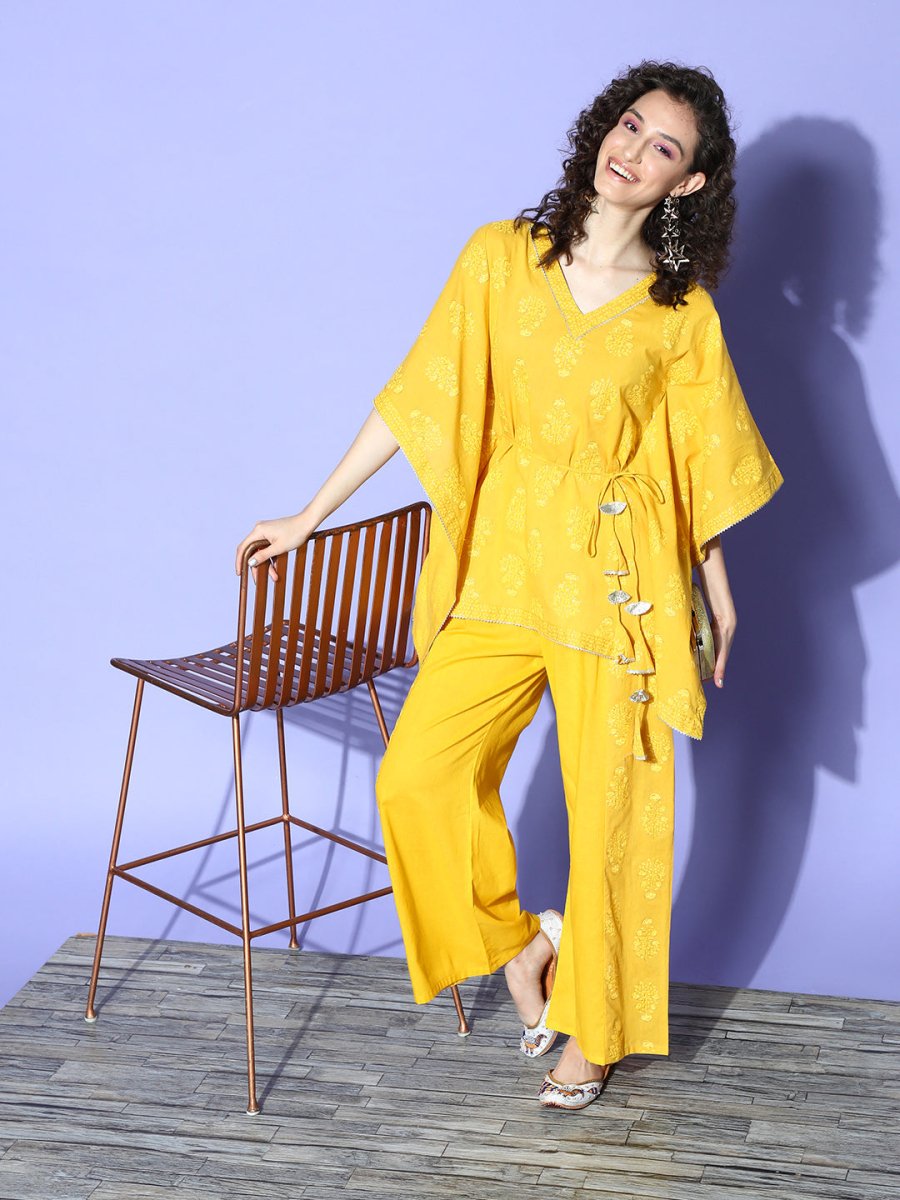 Ahalyaa Women Mustard Yellow Floral Printed Pure Cotton Co-Ords - Distacart
