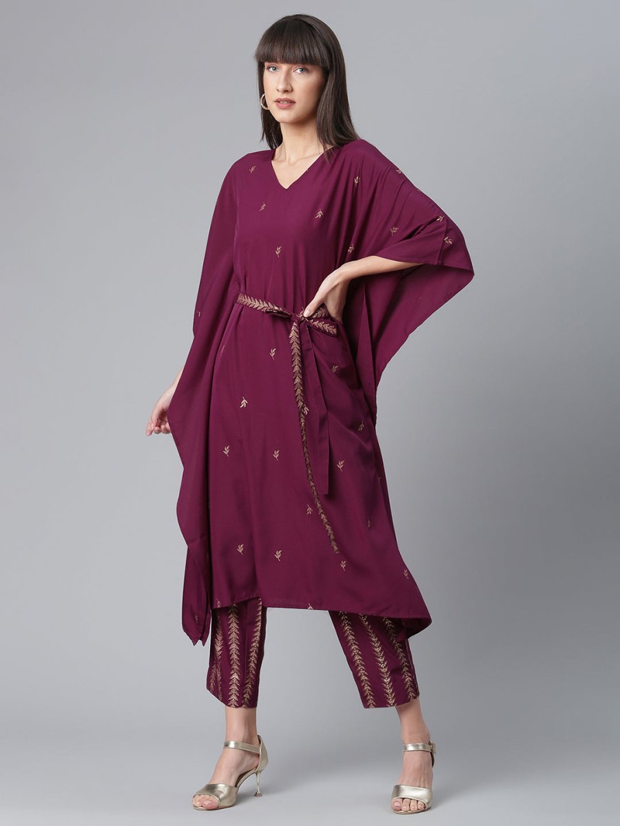 Ahalyaa Women Burgundy & Golden Printed Kurta With Trouser