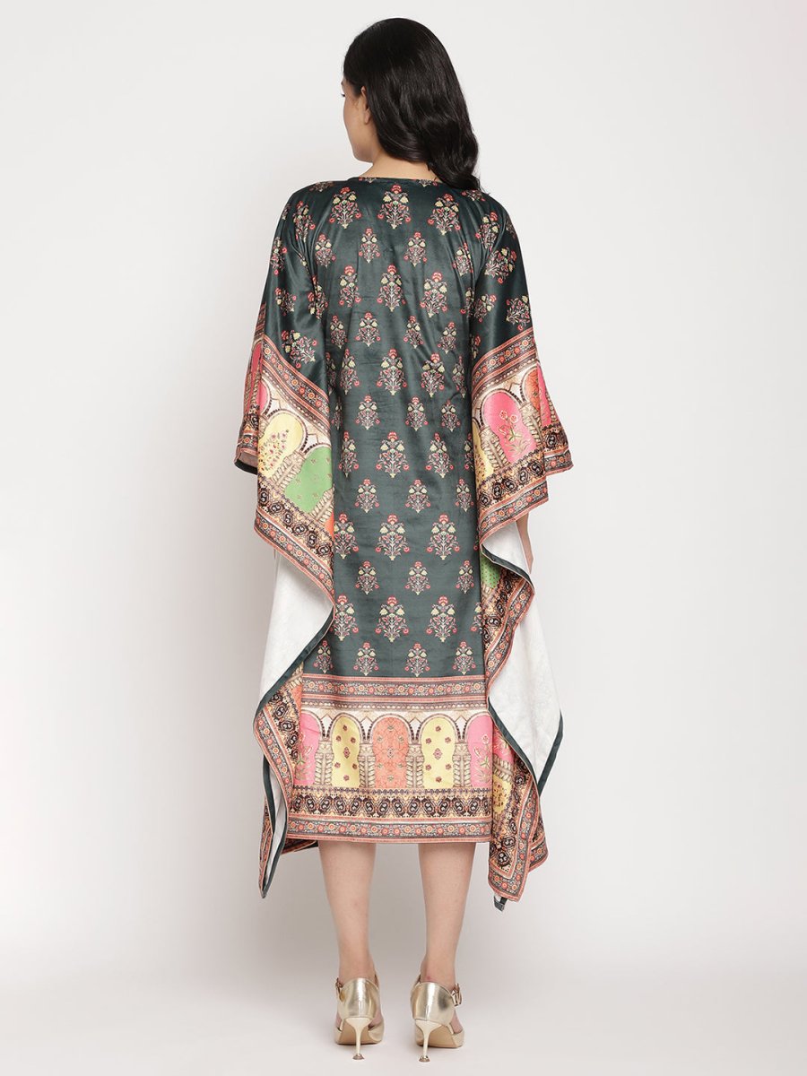 Ahalyaa Women's Dark Green Digital Print Velvet Kaftan
