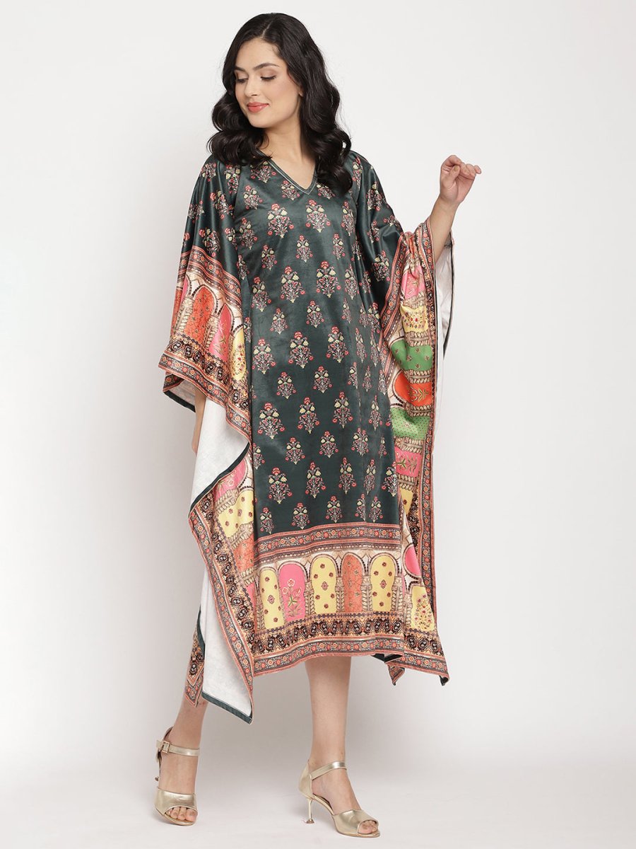 Ahalyaa Women's Dark Green Digital Print Velvet Kaftan