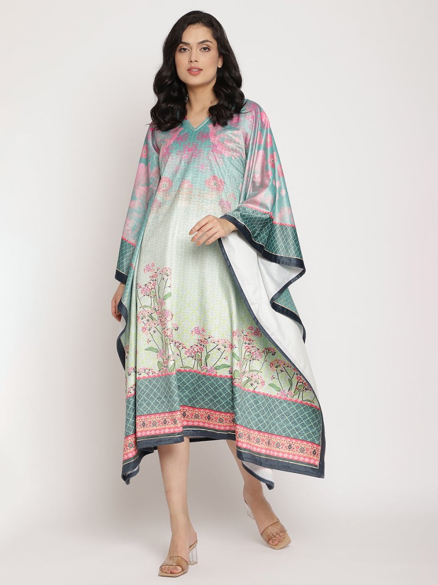 Ahalyaa Women's Sea Green Digital Print Velvet Kaftan