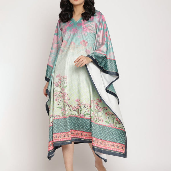 Ahalyaa Women's Sea Green Digital Print Velvet Kaftan