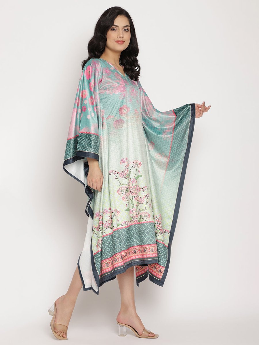 Ahalyaa Women's Sea Green Digital Print Velvet Kaftan