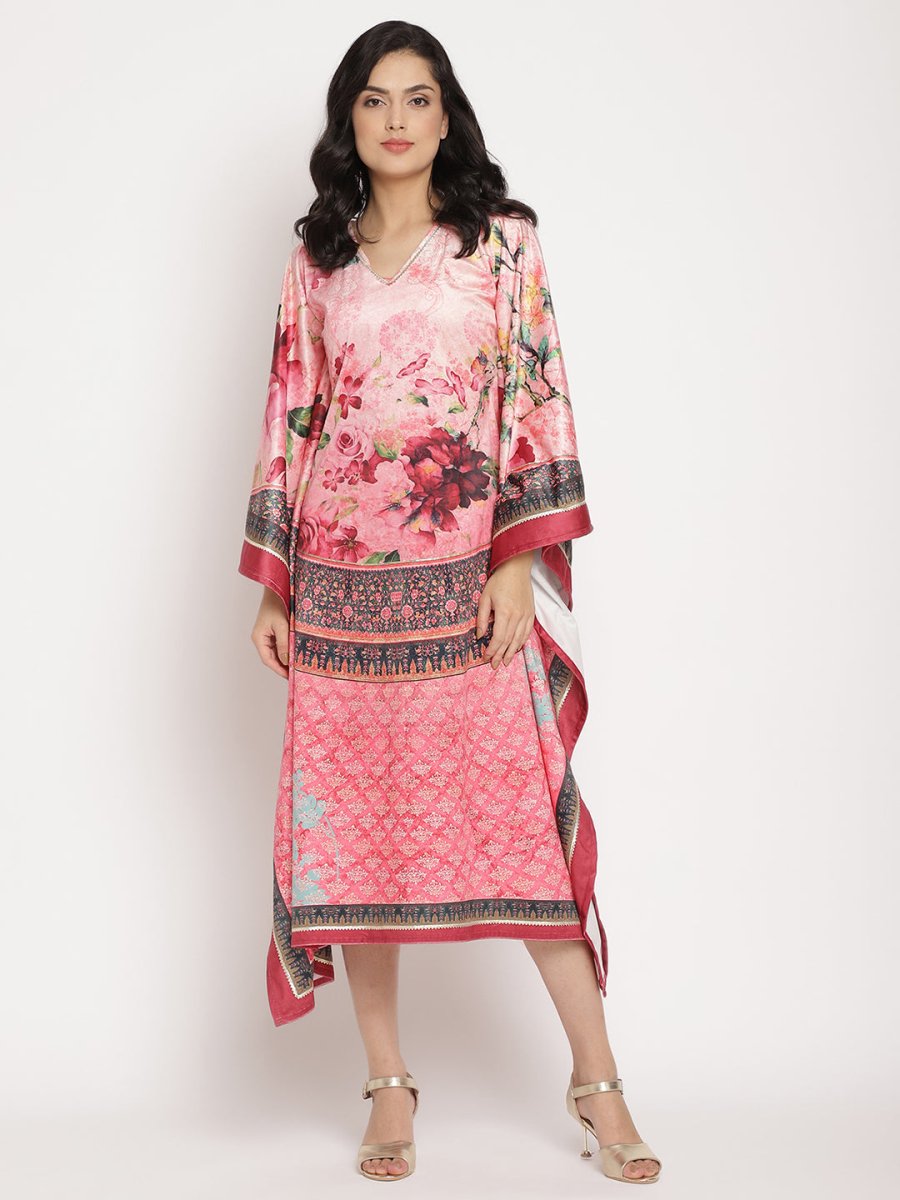 Ahalyaa Women's Pink Color Digital Print Velvet Kaftan
