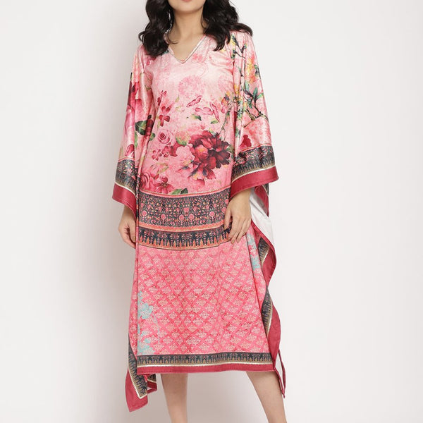 Ahalyaa Women's Pink Color Digital Print Velvet Kaftan