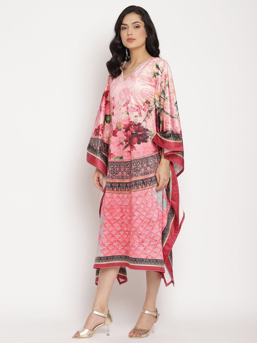 Ahalyaa Women's Pink Color Digital Print Velvet Kaftan