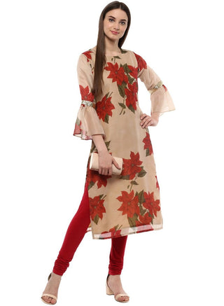 Ahalyaa Women Beige & Maroon Floral Printed Straight Kurta