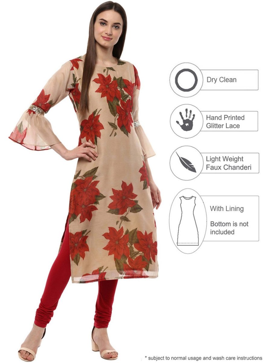 Ahalyaa Women Beige & Maroon Floral Printed Straight Kurta