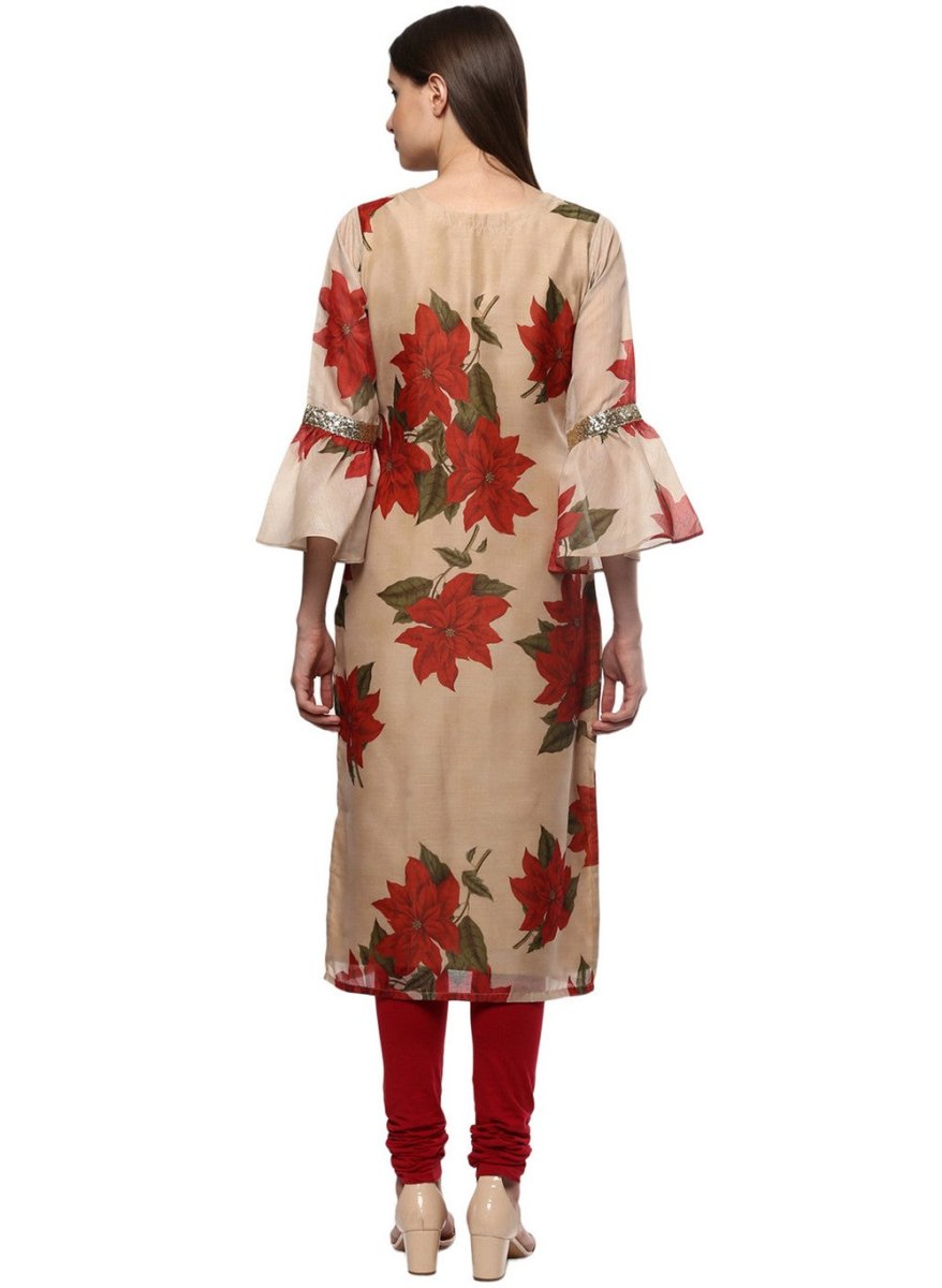 Ahalyaa Women Beige & Maroon Floral Printed Straight Kurta
