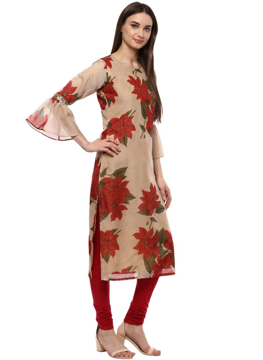 Ahalyaa Women Beige & Maroon Floral Printed Straight Kurta
