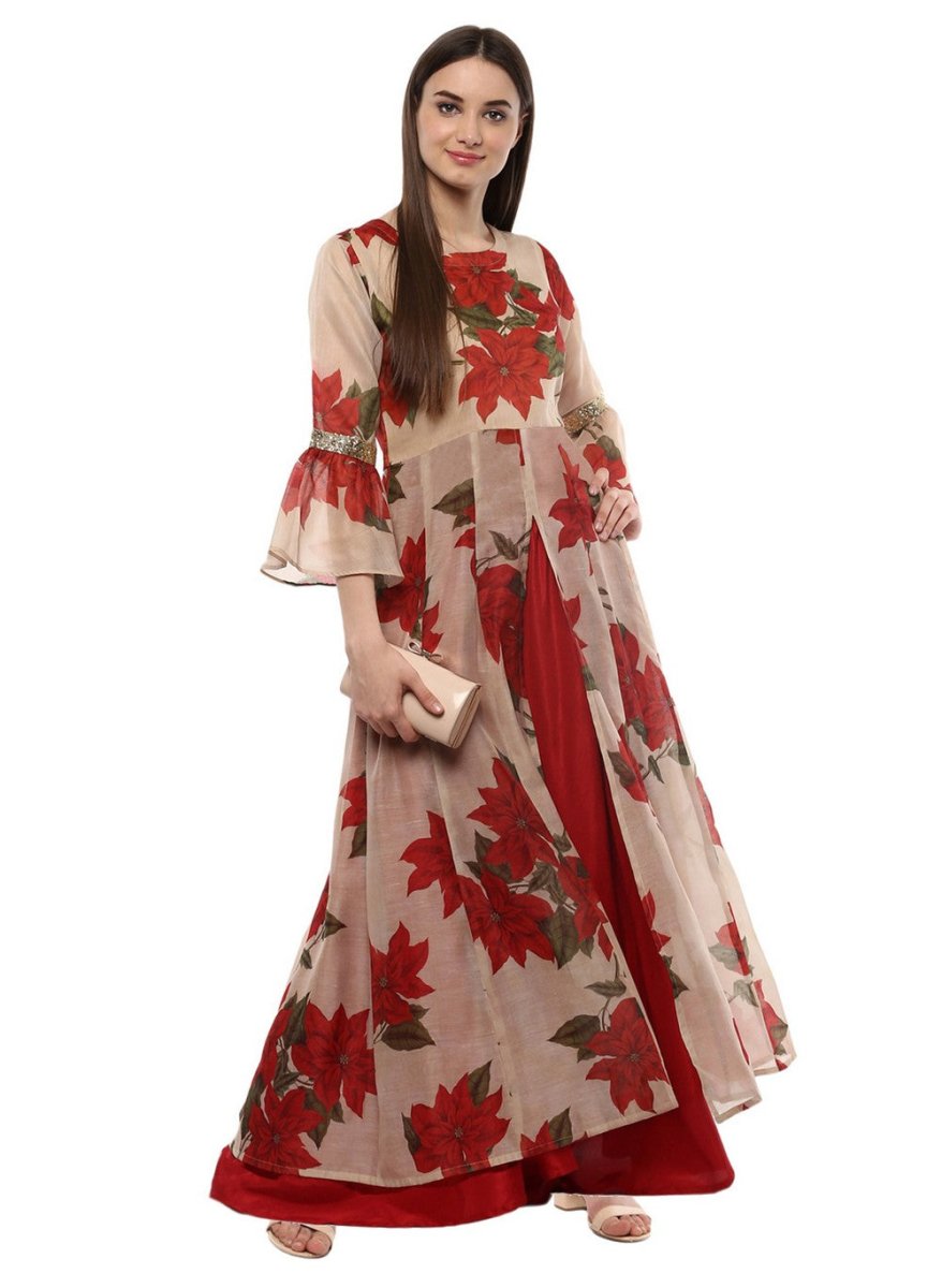 Ahalyaa Beige & Red Chanderi Floor Length Anarkali Dress