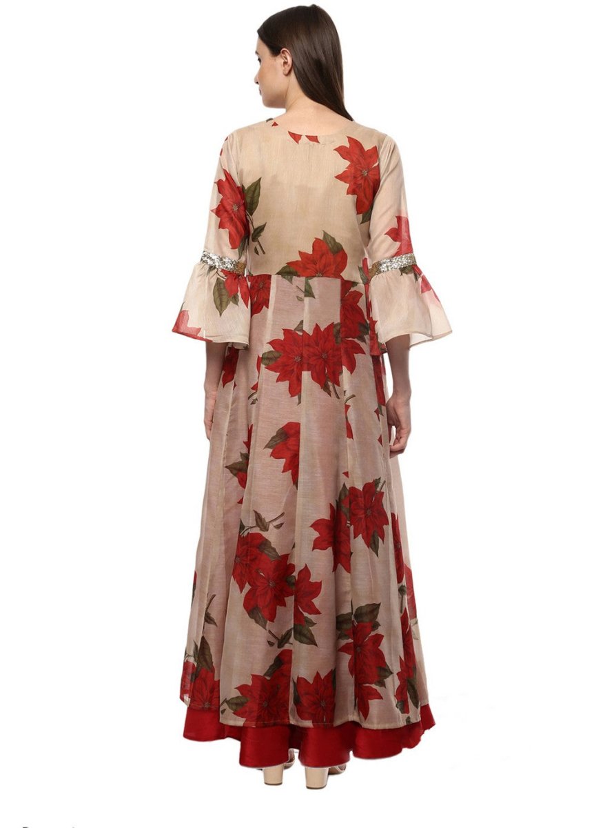Ahalyaa Beige & Red Chanderi Floor Length Anarkali Dress