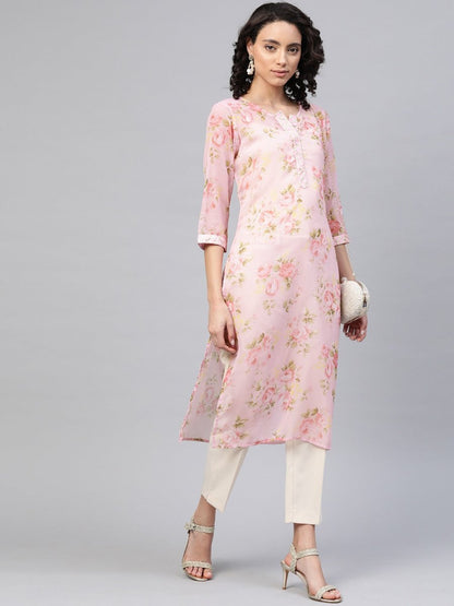 Ahalyaa Women Sheer Pink Floral Summer Chiffon Kurta