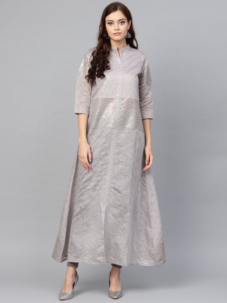 Ahalyaa Women Grey & Silver Printed A-Line Kurta