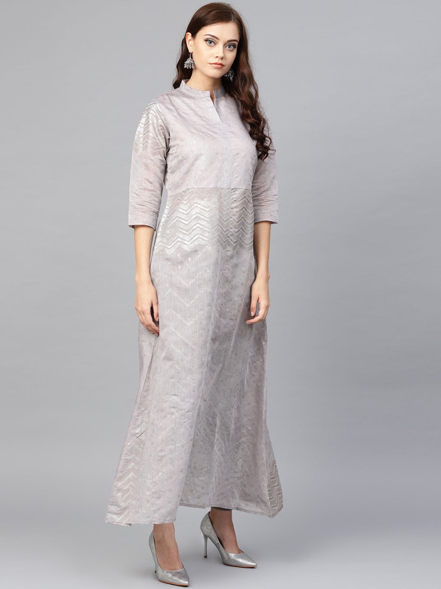 Ahalyaa Women Grey & Silver Printed A-Line Kurta