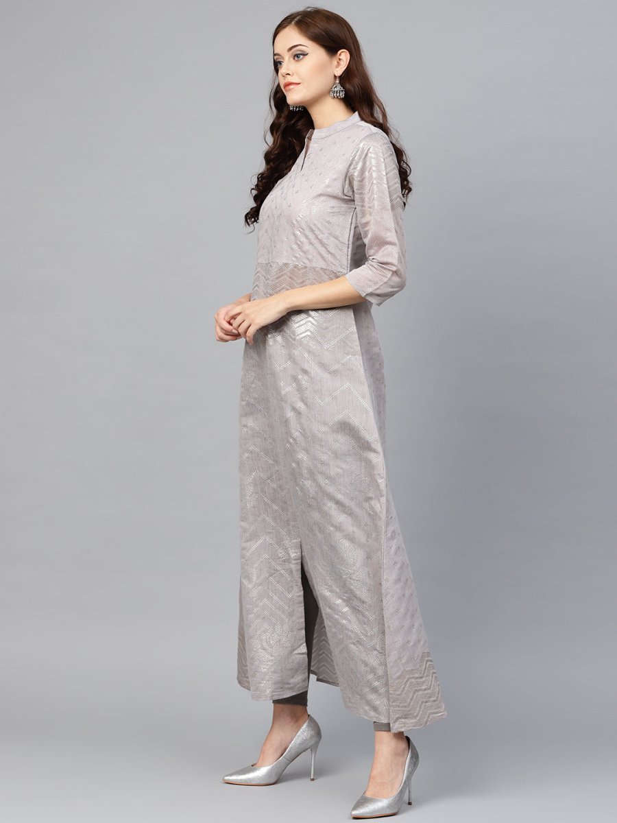 Ahalyaa Women Grey & Silver Printed A-Line Kurta
