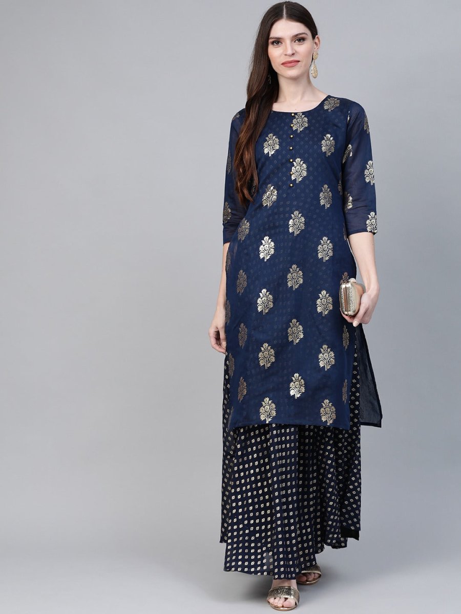 Ahalyaa Women Navy Blue & Golden Foil Printed Layered Maxi Dress