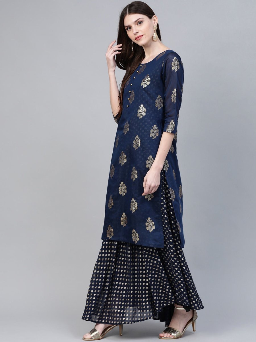Ahalyaa Women Navy Blue & Golden Foil Printed Layered Maxi Dress