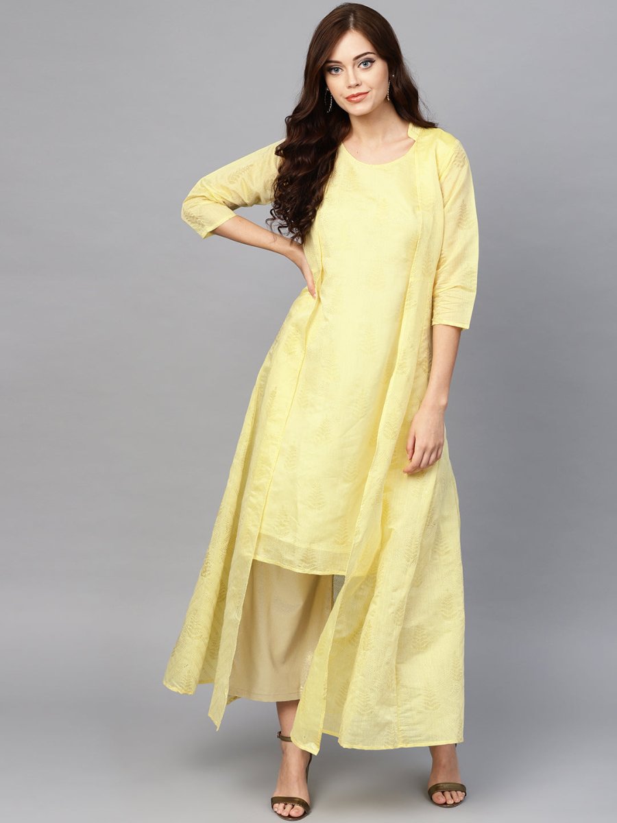 Ahalyaa Yellow Metallic Printed Koti Style Kurta For Women