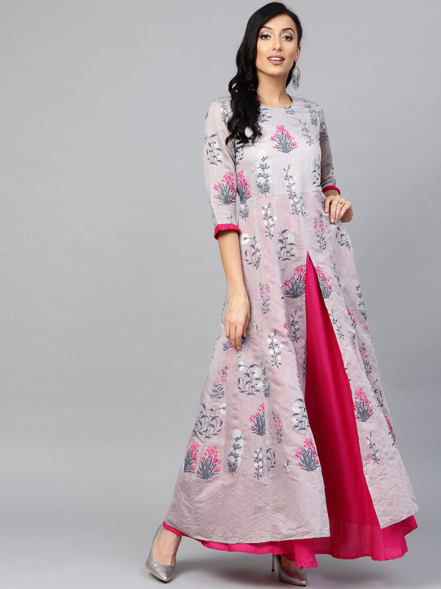 Ahalyaa Women Grey & Pink Floral Printed Layered Maxi Dress