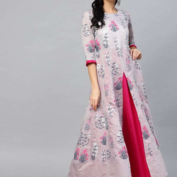 Ahalyaa Women Grey & Pink Floral Printed Layered Maxi Dress