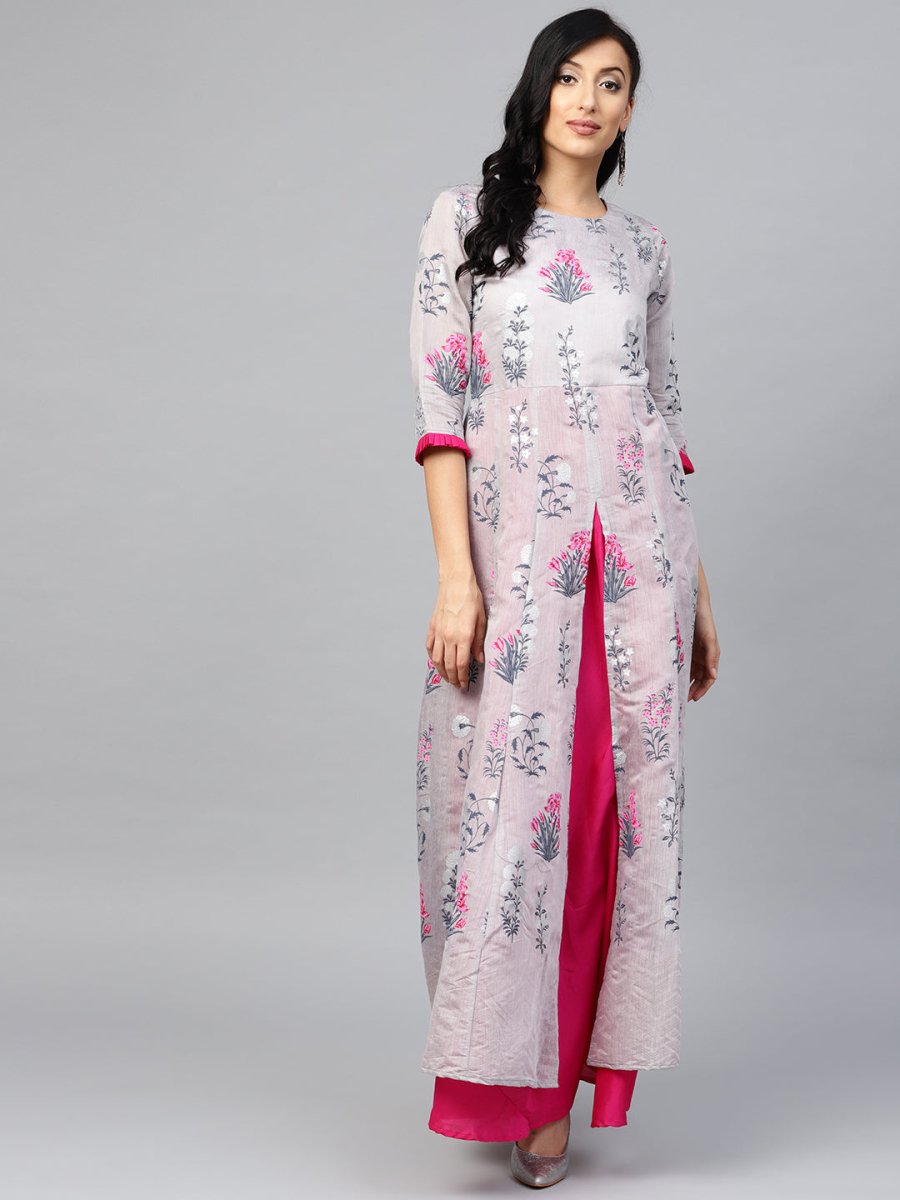 Ahalyaa Women Grey & Pink Floral Printed Layered Maxi Dress