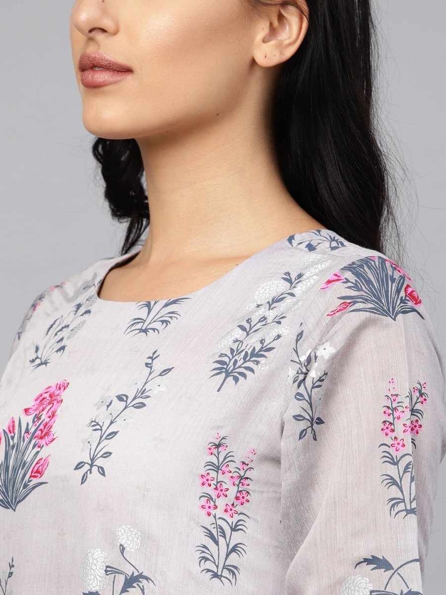 Ahalyaa Women Grey & Pink Floral Printed Layered Maxi Dress