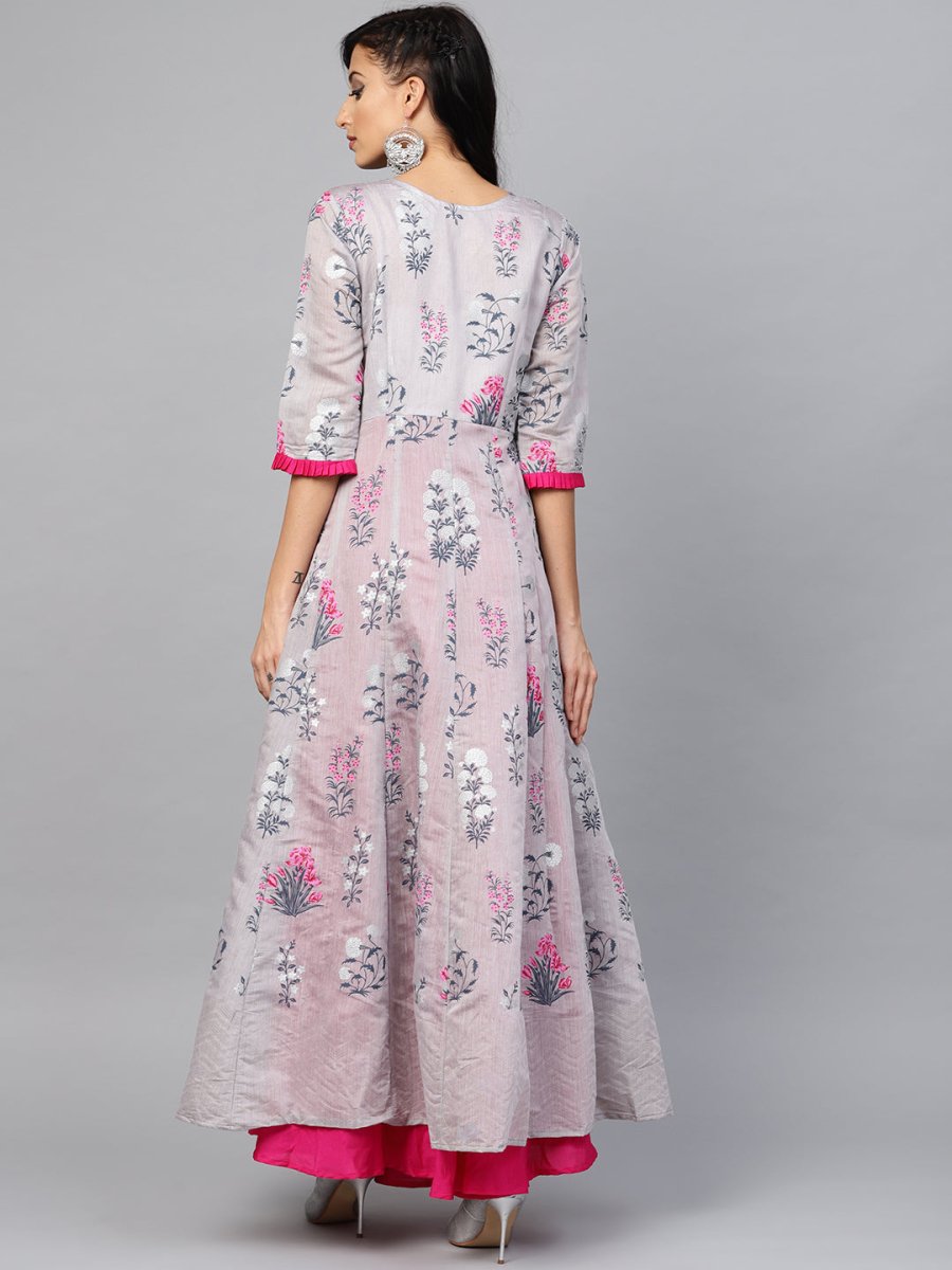 Ahalyaa Women Grey & Pink Floral Printed Layered Maxi Dress
