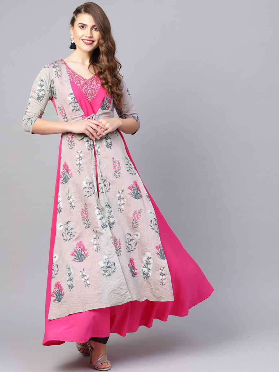Ahalyaa Women Grey & Pink Floral Print Layered Anarkali Kurta