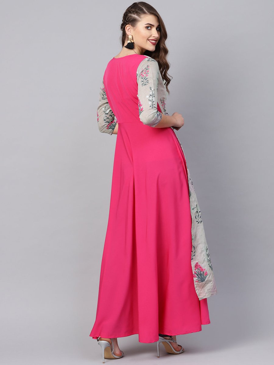 Ahalyaa Women Grey & Pink Floral Print Layered Anarkali Kurta