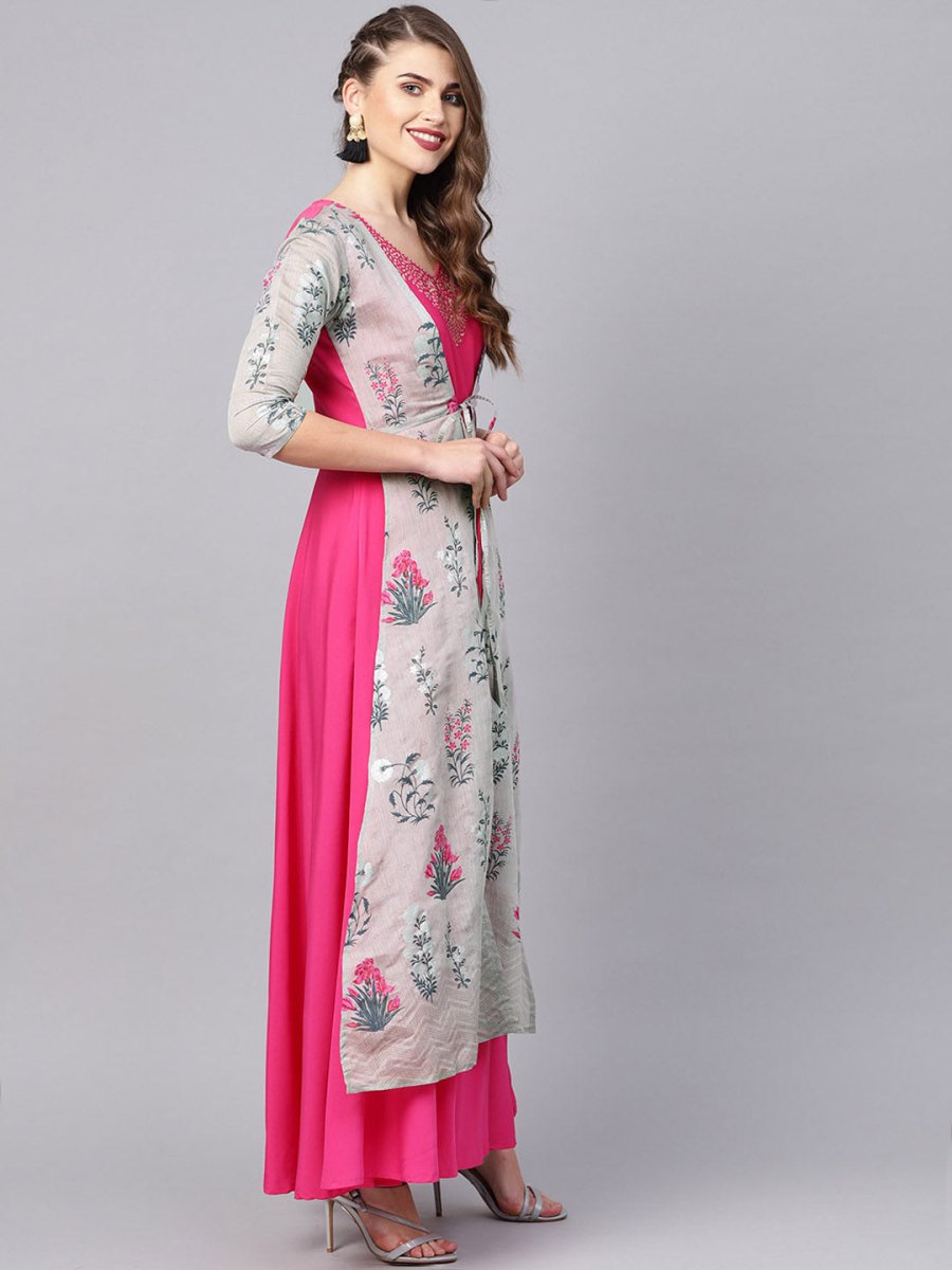 Ahalyaa Women Grey & Pink Floral Print Layered Anarkali Kurta