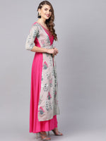Thumbnail for Ahalyaa Women Grey & Pink Floral Print Layered Anarkali Kurta