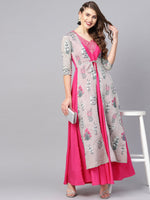 Thumbnail for Ahalyaa Women Grey & Pink Floral Print Layered Anarkali Kurta