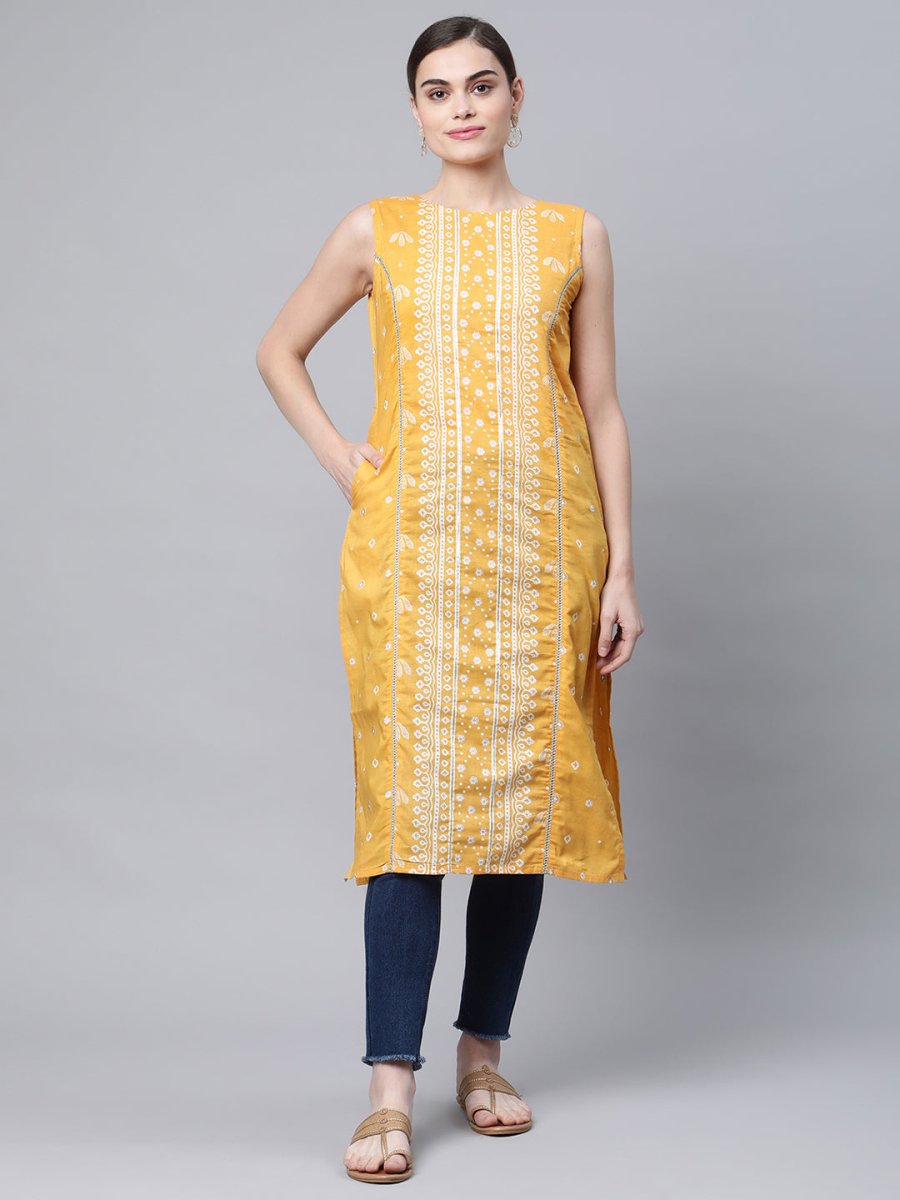 Ahalyaa Women's Mustard Pure Cotton Printed Kurta