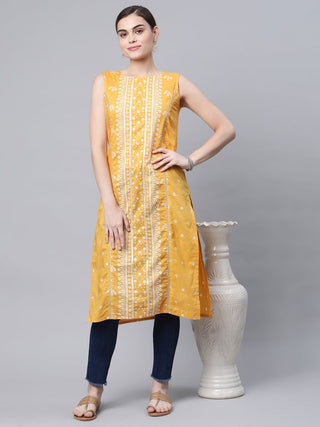 Ahalyaa Women's Mustard Pure Cotton Printed Kurta