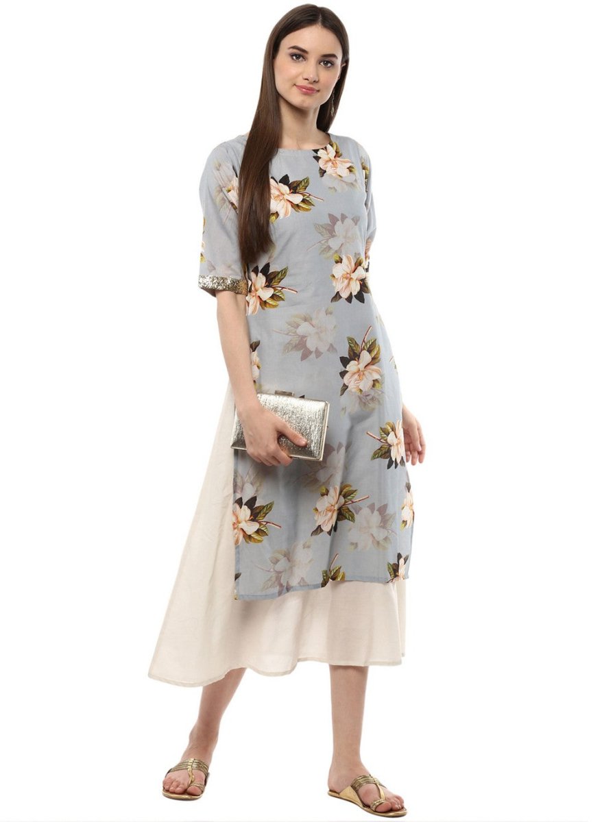 Ahalyaa Ash Blue & Cream Floral Cotton Blend Double Layered Summer Kurta Dress