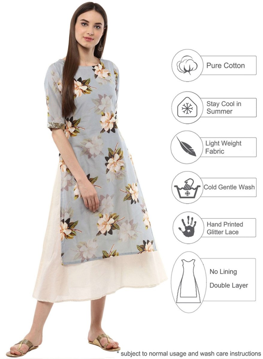 Ahalyaa Ash Blue & Cream Floral Cotton Blend Double Layered Summer Kurta Dress