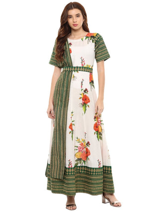 Ahalyaa Cotton Floral Attached Dupatta With Belt Flared Kurta