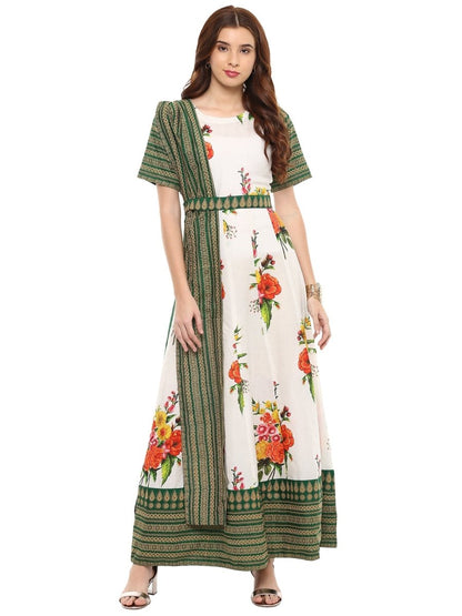 Ahalyaa Cotton Floral Attached Dupatta With Belt Flared Kurta